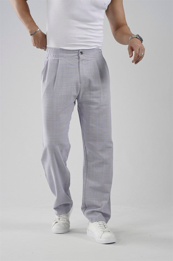 Image of Pileli Baggy Fit Kalıp Pamuklu Keten Çizgili Pantolon