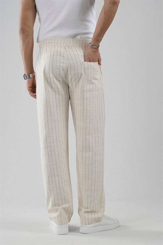 Image of Pileli Baggy Fit Kalıp Pamuklu Keten Çizgili Pantolon