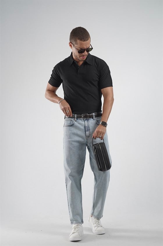 Image of Tricou bărbătesc simplu cu design în dungi și croială regulată (guler polo)
