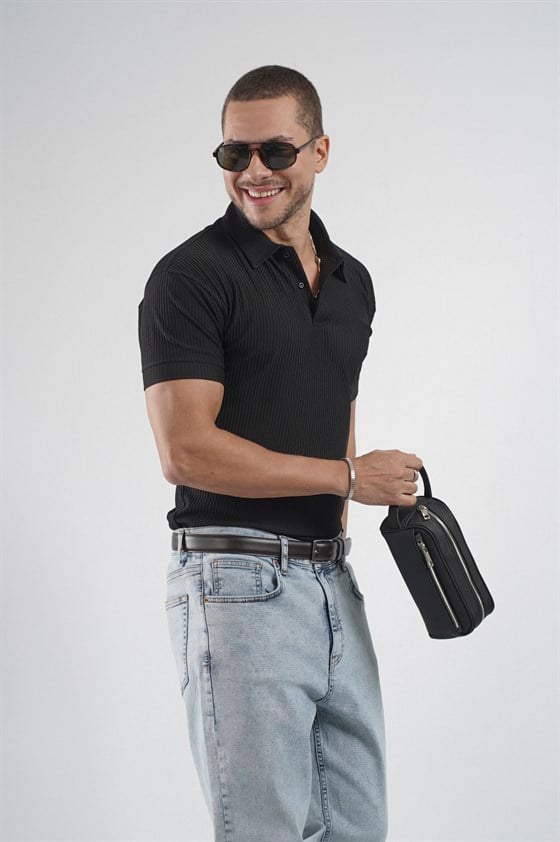 Image of Tricou bărbătesc simplu cu design în dungi și croială regulată (guler polo)