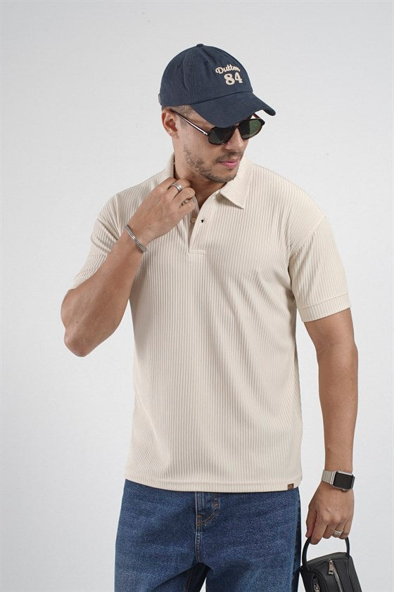Image of Tricou bărbătesc simplu cu design în dungi și croială regulată (guler polo)