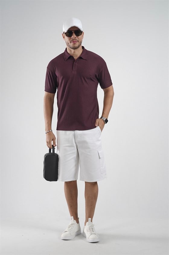 Image of Tricou bărbătesc simplu cu design în dungi și croială regulată (guler polo)