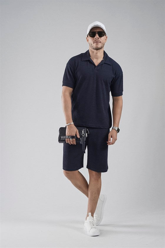 Image of Polo Yaka Regular Kalıp Jakarlı Şort Tişört Alt Üst Takım