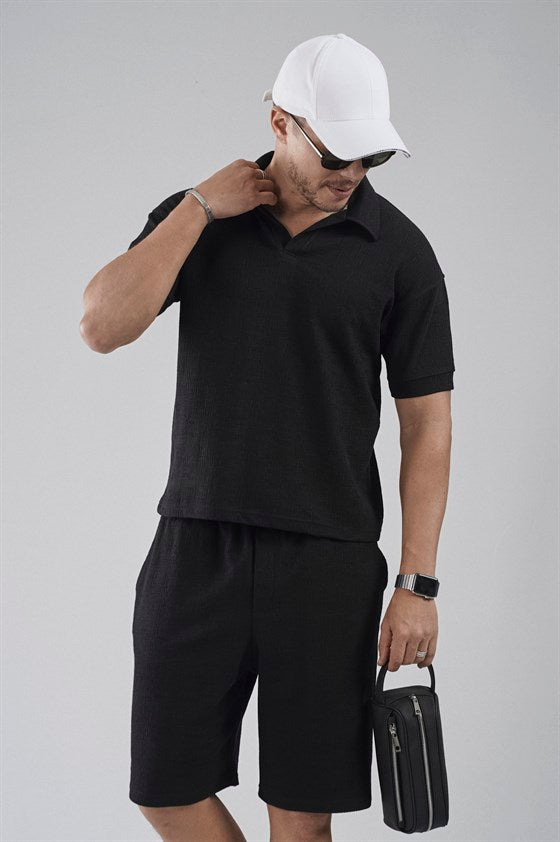 Image of Set pantaloni scurți și tricou Jacquard cu croială regulată, cu guler polo (partea de sus și partea de jos)