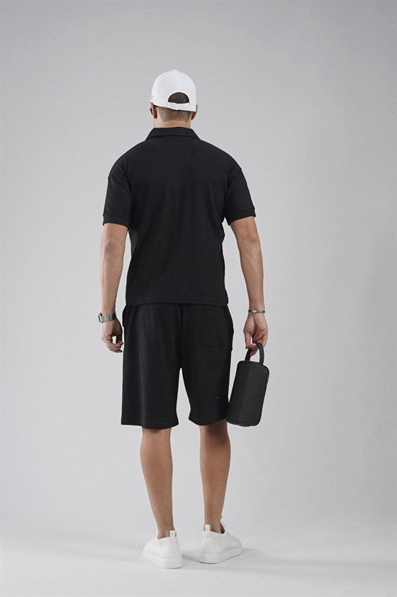 Image of Set pantaloni scurți și tricou Jacquard cu croială regulată, cu guler polo (partea de sus și partea de jos)