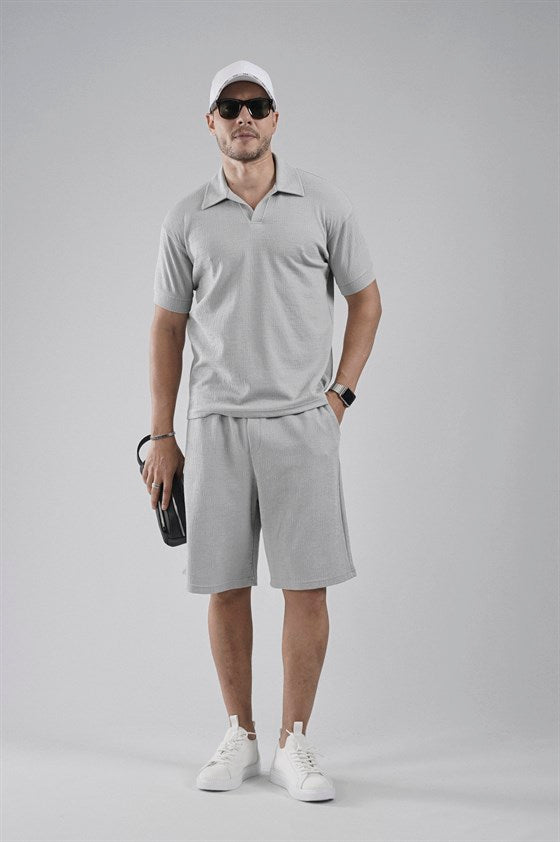 Image of Set pantaloni scurți și tricou Jacquard cu croială regulată, cu guler polo (partea de sus și partea de jos)
