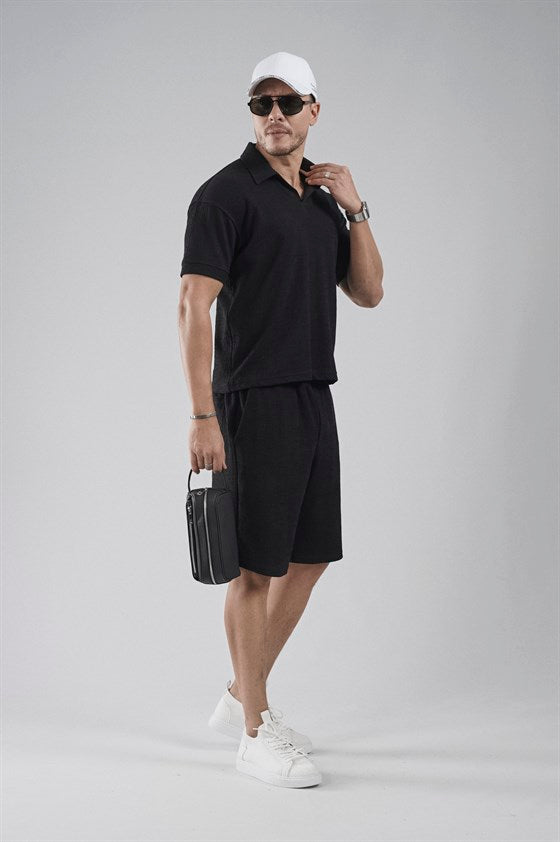 Image of Set pantaloni scurți și tricou Jacquard cu croială regulată, cu guler polo (partea de sus și partea de jos)