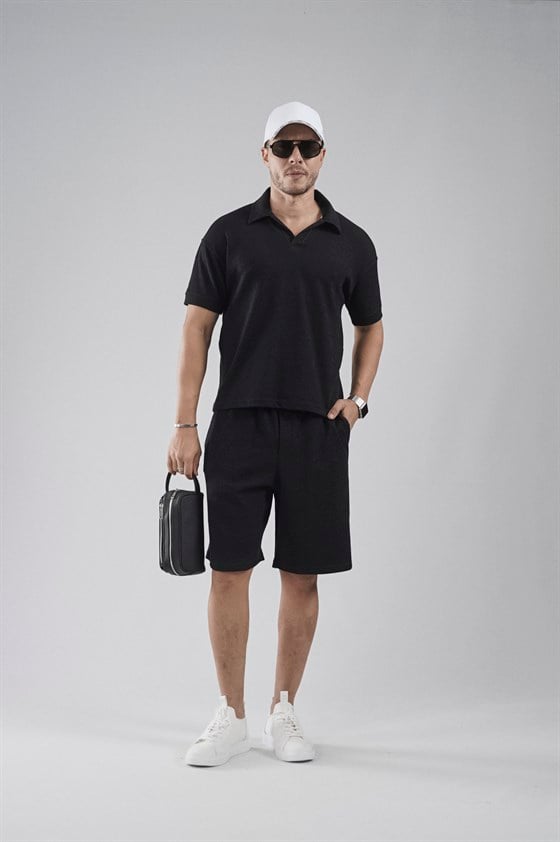 Image of Set pantaloni scurți și tricou Jacquard cu croială regulată, cu guler polo (partea de sus și partea de jos)