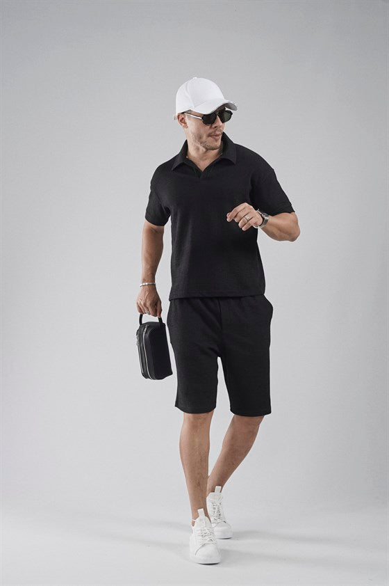 Image of Set pantaloni scurți și tricou Jacquard cu croială regulată, cu guler polo (partea de sus și partea de jos)