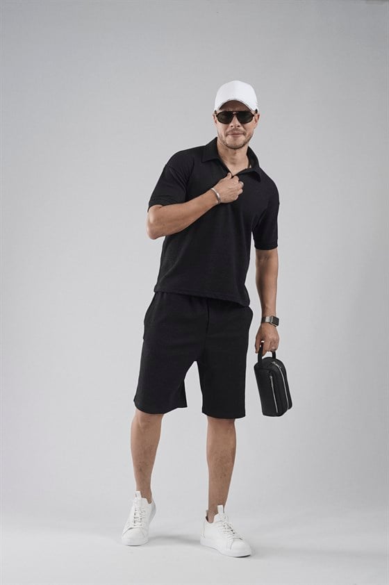 Image of Set pantaloni scurți și tricou Jacquard cu croială regulată, cu guler polo (partea de sus și partea de jos)