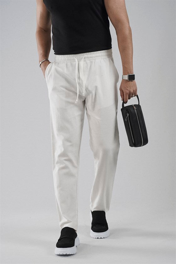 Image of Regular Kalıp Beli Lastikli Pamuk Keten Pantolon