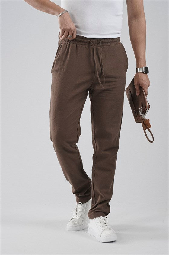 Image of Regular Kalıp Beli Lastikli Pamuk Keten Pantolon
