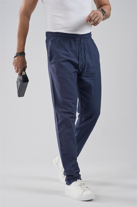 Image of Regular Kalıp Beli Lastikli Pamuk Keten Pantolon