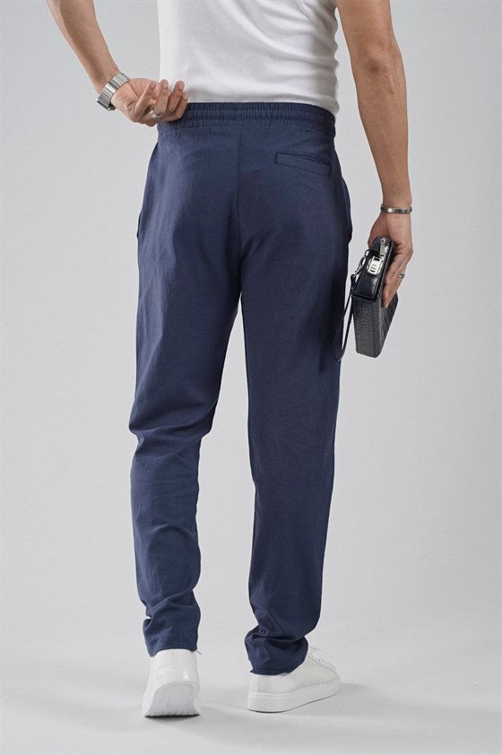 Image of Regular Kalıp Beli Lastikli Pamuk Keten Pantolon