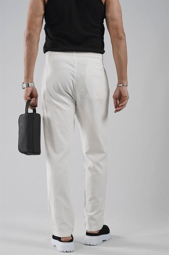 Image of Regular Kalıp Beli Lastikli Pamuk Keten Pantolon