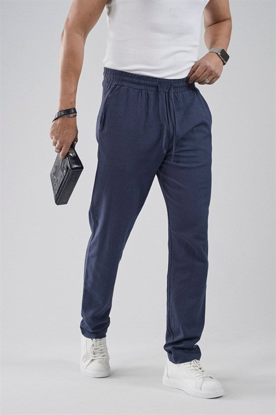 Image of Regular Kalıp Beli Lastikli Pamuk Keten Pantolon
