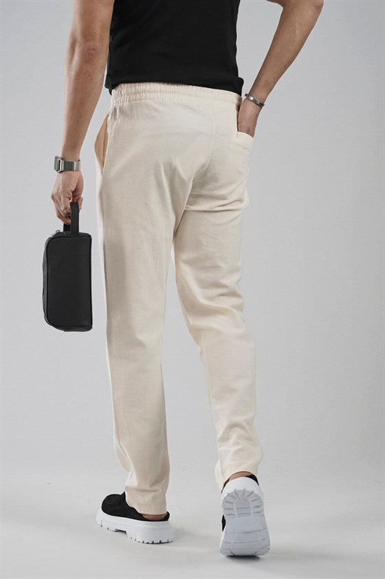 Image of Regular Kalıp Beli Lastikli Pamuk Keten Pantolon