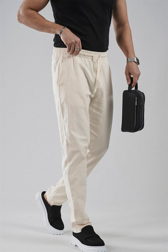Image of Regular Kalıp Beli Lastikli Pamuk Keten Pantolon