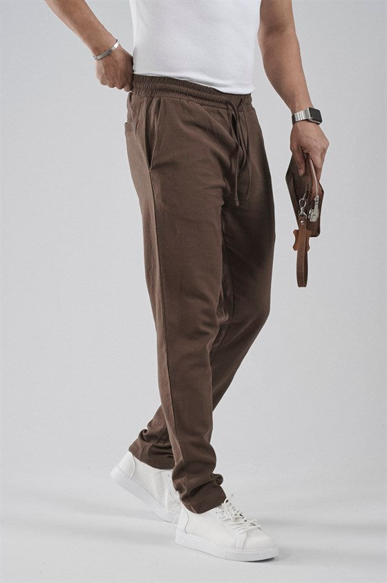 Image of Regular Kalıp Beli Lastikli Pamuk Keten Pantolon