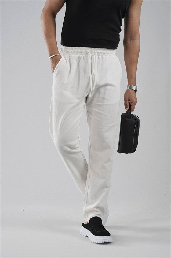 Image of Regular Kalıp Beli Lastikli Pamuk Keten Pantolon