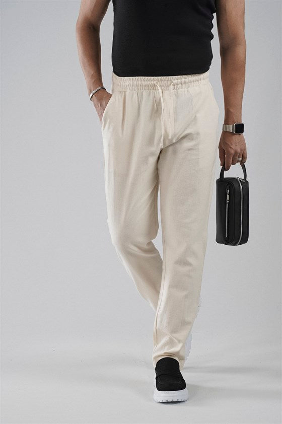 Image of Regular Kalıp Beli Lastikli Pamuk Keten Pantolon