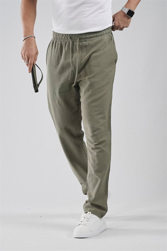 Image of Regular Kalıp Beli Lastikli Pamuk Keten Pantolon