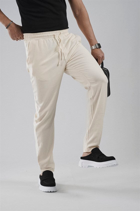 Image of Regular Kalıp Beli Lastikli Pamuk Keten Pantolon