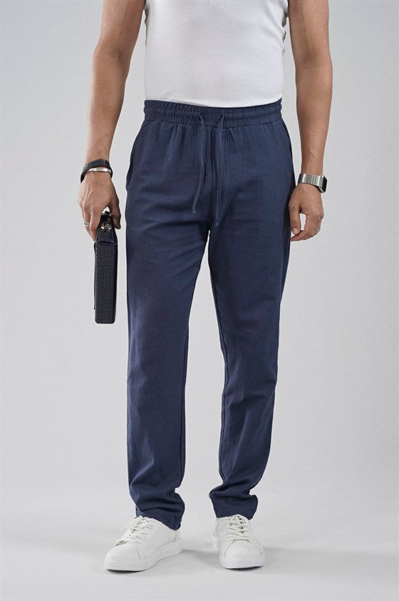 Image of Regular Kalıp Beli Lastikli Pamuk Keten Pantolon