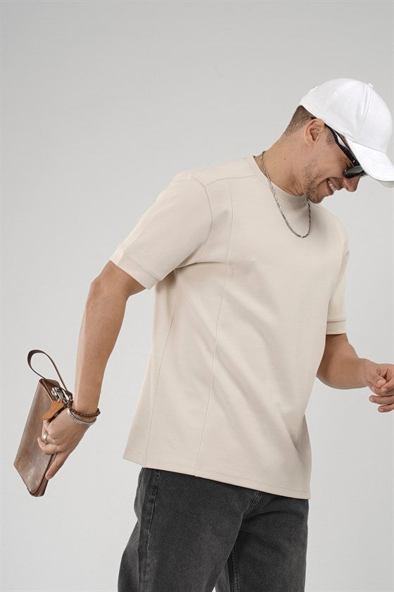 Image of Regular Kalıp Çımalı Kol Manşetli Düz Basic Tişört