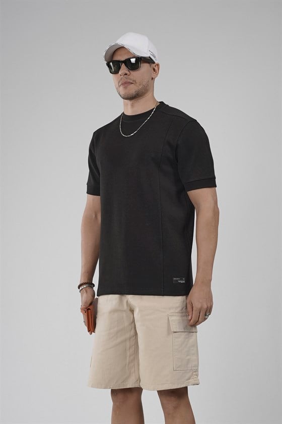 Image of Regular Kalıp Çımalı Kol Manşetli Düz Basic Tişört