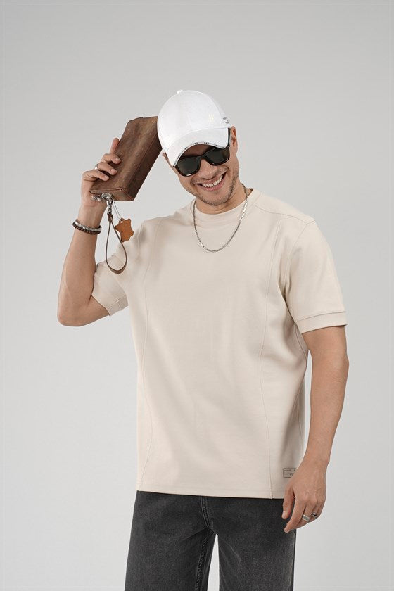 Image of Regular Kalıp Çımalı Kol Manşetli Düz Basic Tişört