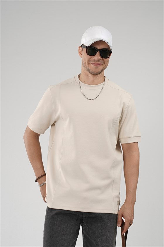 Image of Regular Kalıp Çımalı Kol Manşetli Düz Basic Tişört