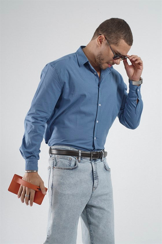 Image of Regular Kalıp Likralı Keten Erkek Gömlek