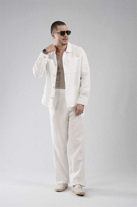 Image of Set cămașă și pantaloni bărbătești din material muselină, croială regulată