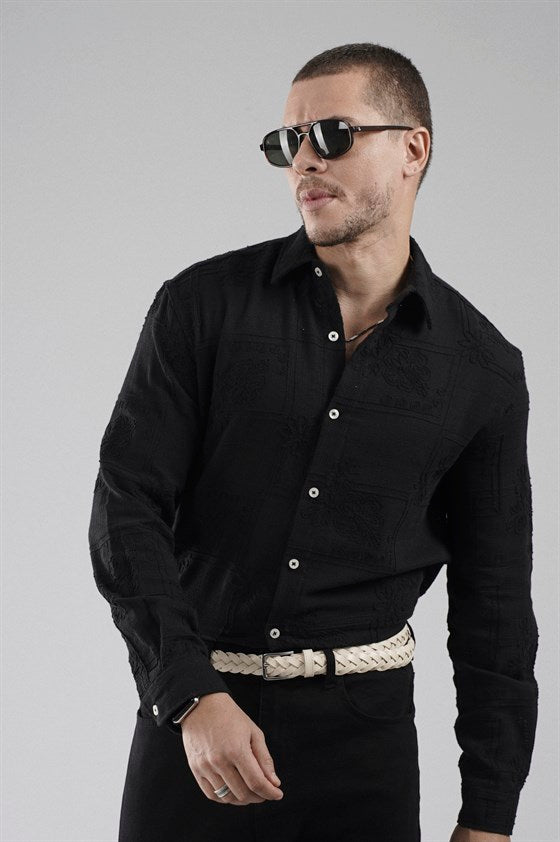 Image of Regular Fit, Embroidered Detail, Mesh Fabric, Breathable, 100% Cotton Men's Shirt