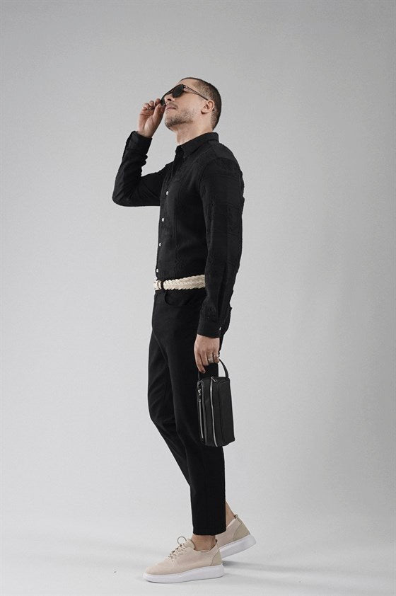Image of Regular Fit, Embroidered Detail, Mesh Fabric, Breathable, 100% Cotton Men's Shirt