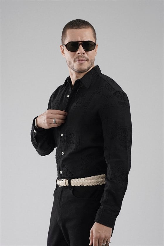 Image of Regular Fit, Embroidered Detail, Mesh Fabric, Breathable, 100% Cotton Men's Shirt