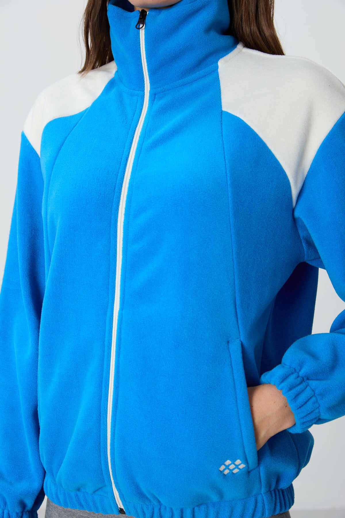 Image of Saks Kalın Yumuşak Dokulu Dik Yaka Oversize Nakışlı Polar Kadın Sweatshirt - 97293