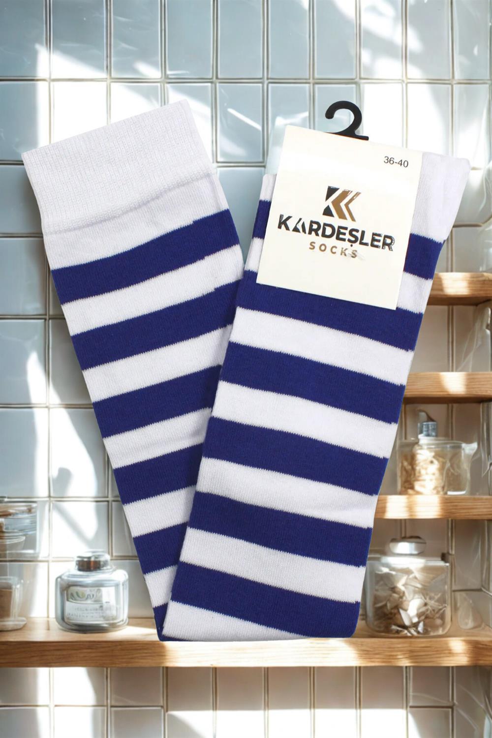 Image of Navy Blue and White Striped Knee-High Cotton Socks