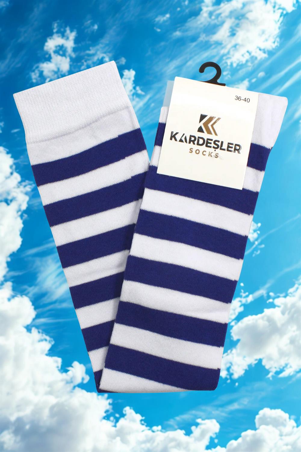 Image of Navy Blue and White Striped Knee-High Cotton Socks