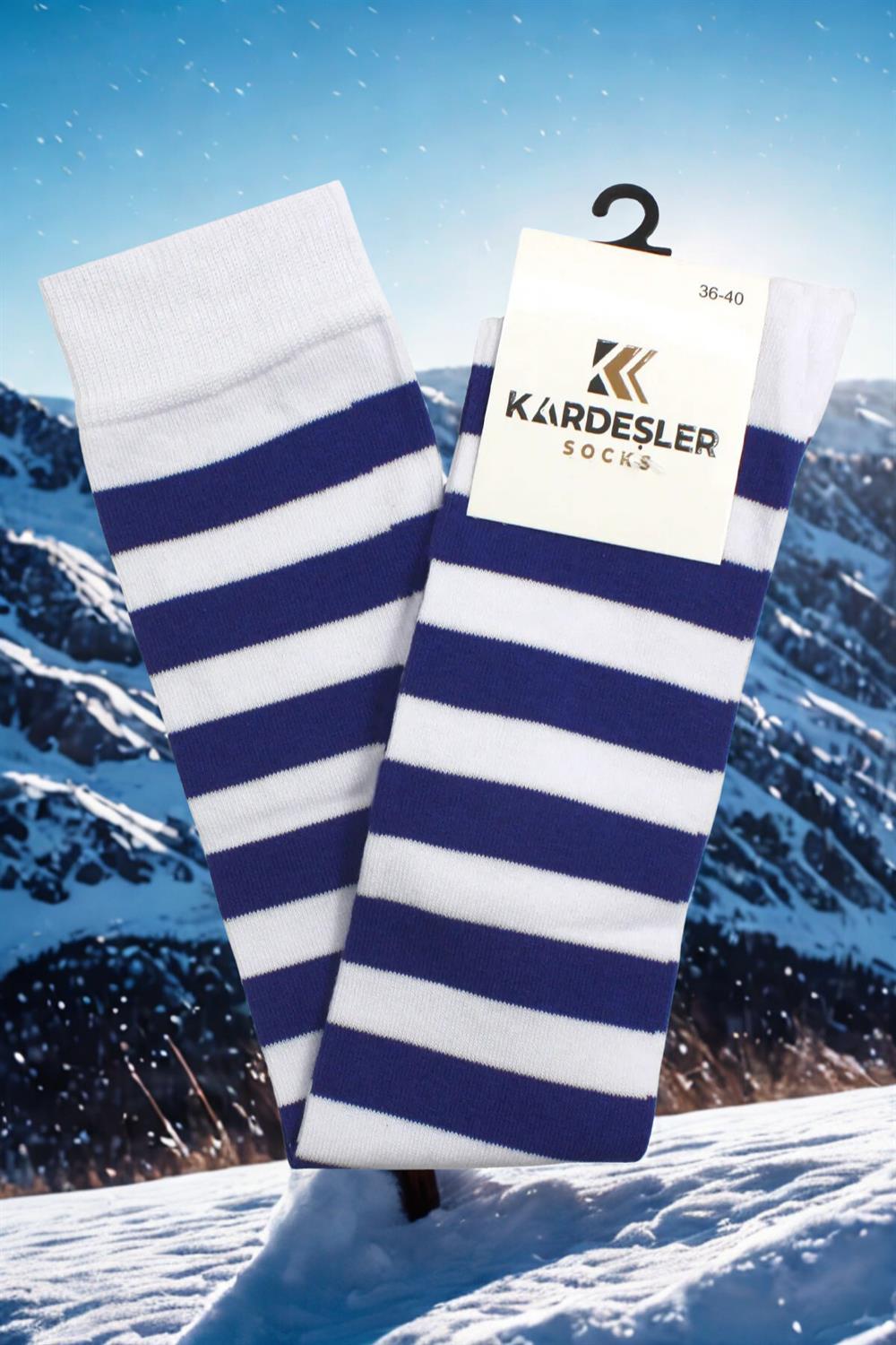 Image of Navy Blue and White Striped Knee-High Cotton Socks