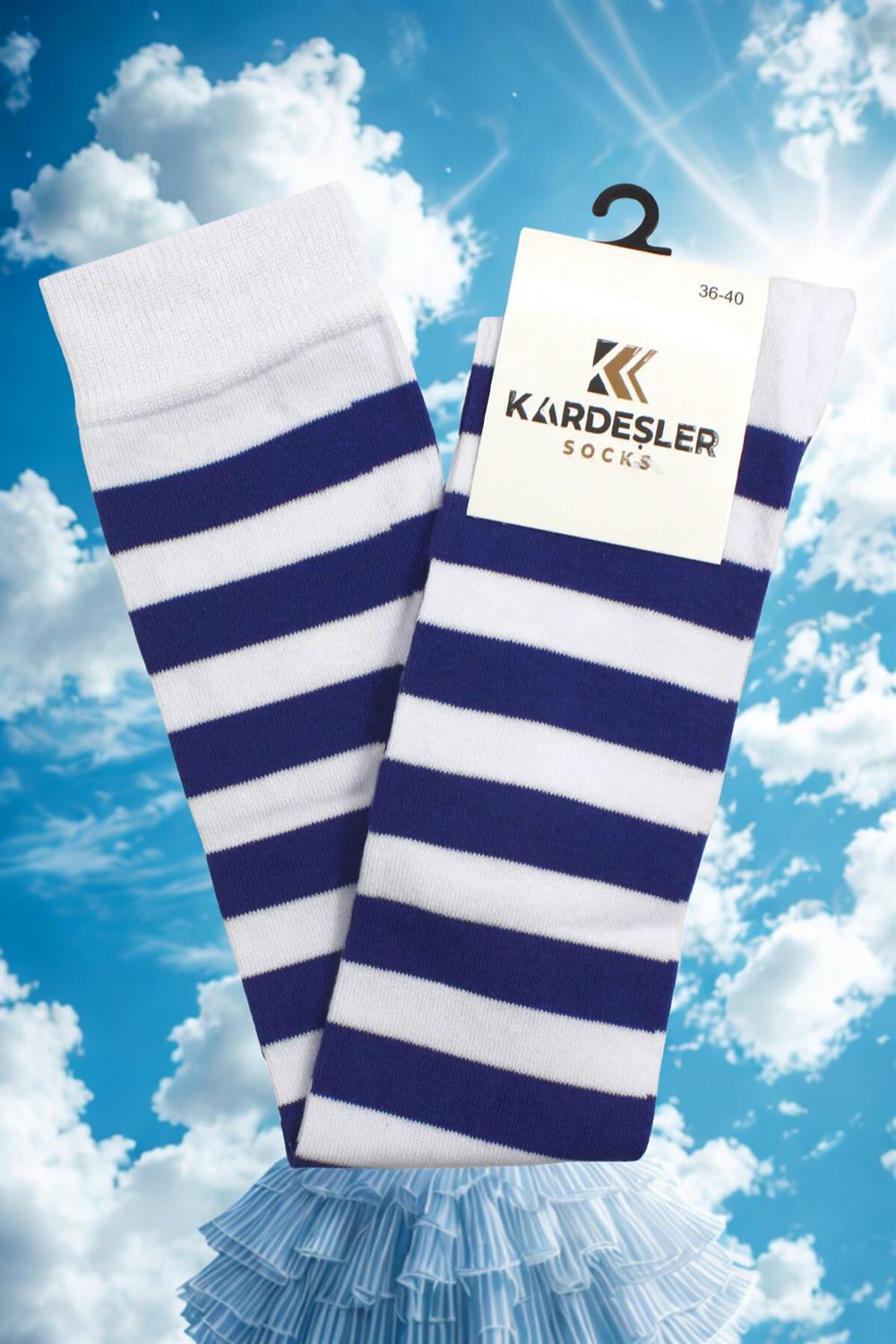 Image of Navy Blue and White Striped Knee-High Cotton Socks