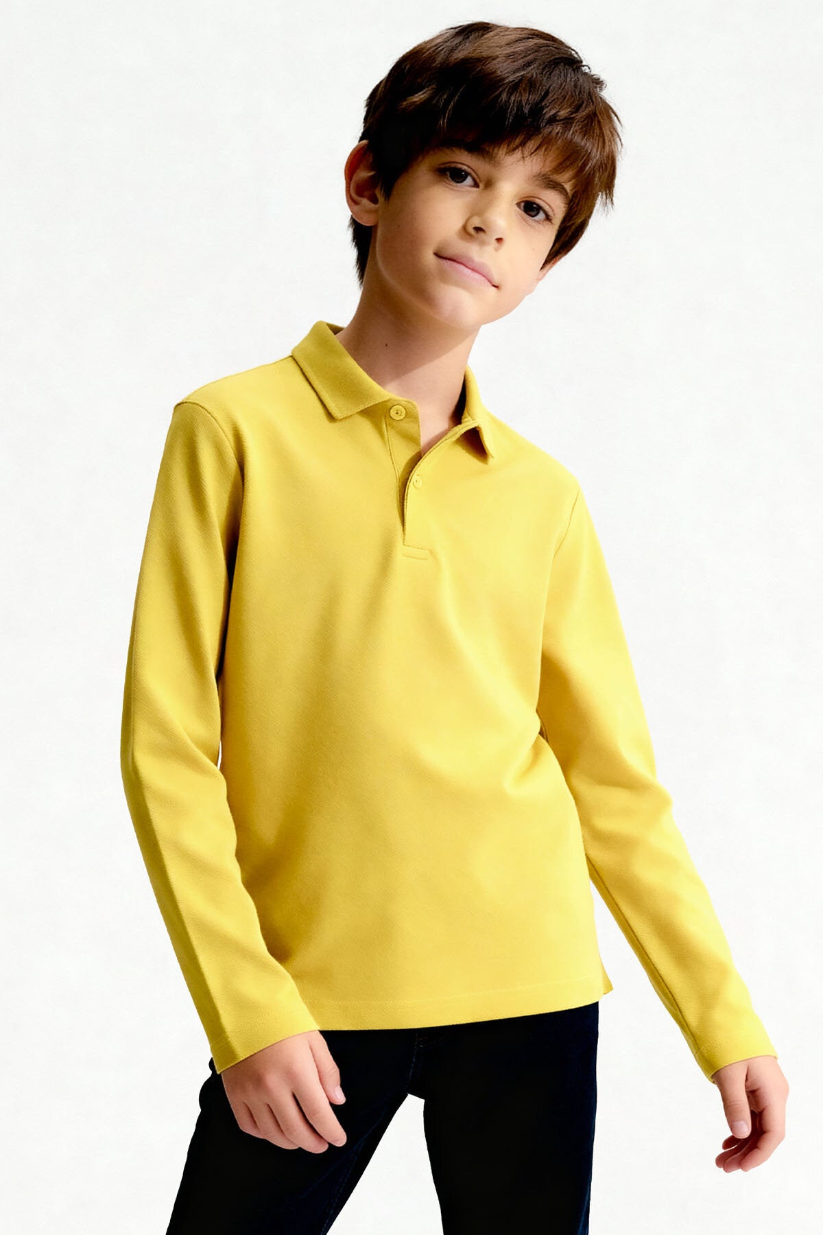 Image of Sarı Polo Yaka Basic Uzun Kollu Unisex Çocuk T-Shirt - 11170