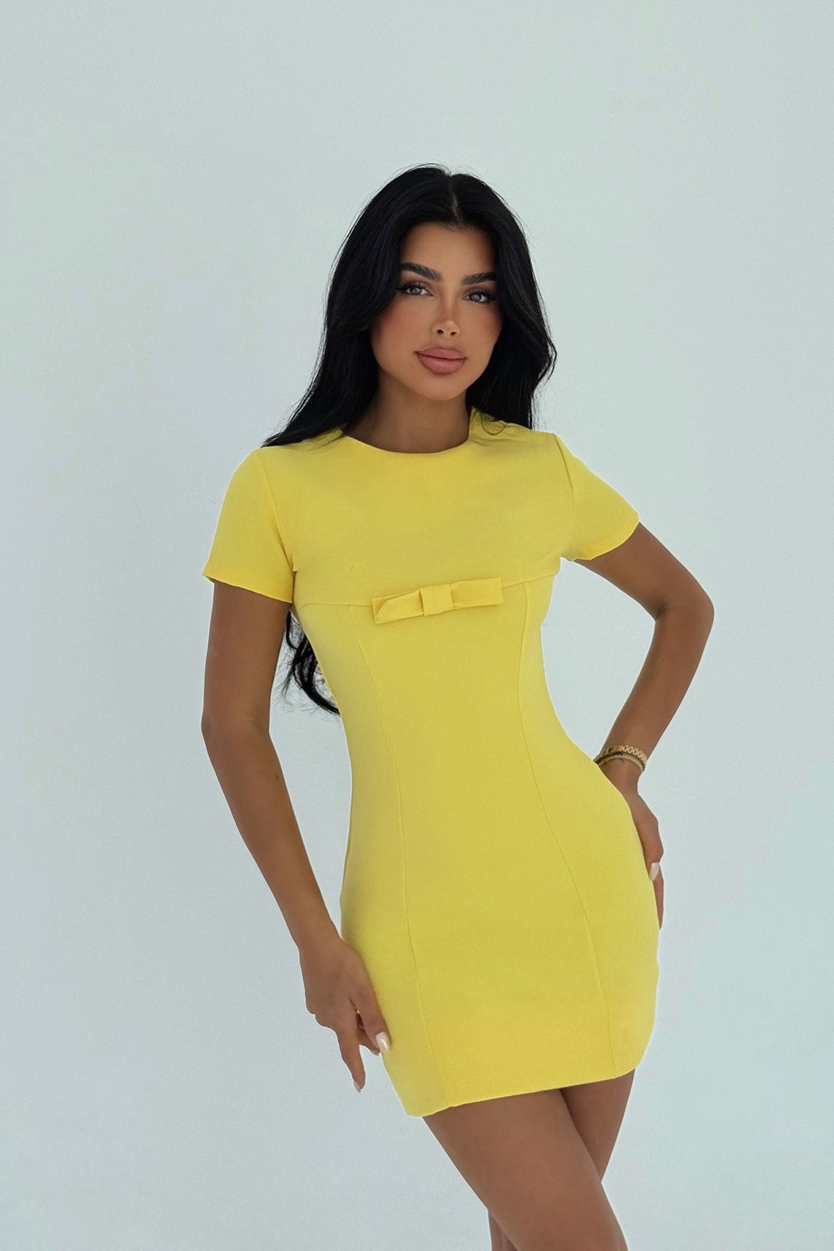 Image of Sarı Ynise Fiyonk Detaylı Mini Elbise ATE-3013