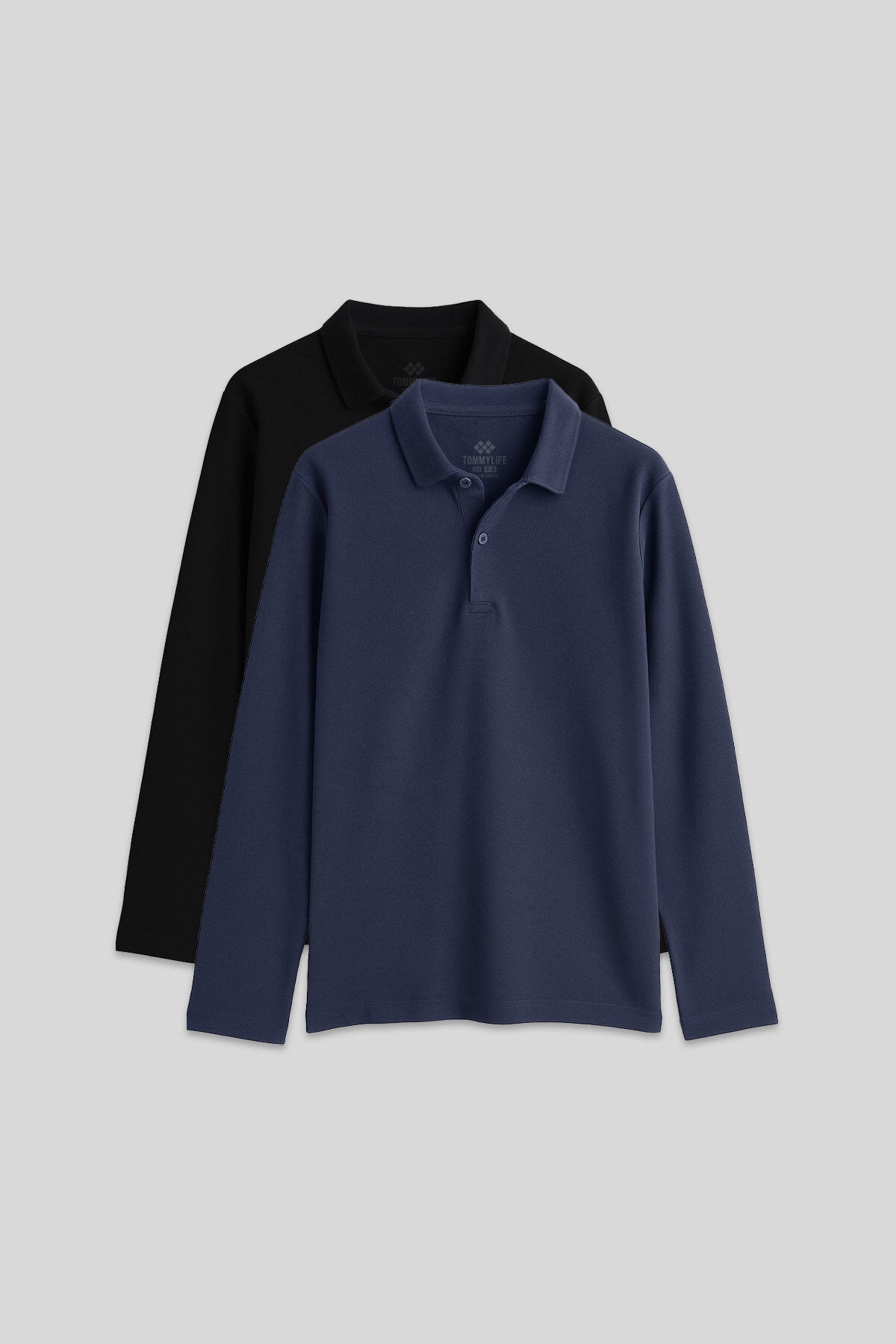 Image of Basic Polo Yaka 2'li Paket Siyah-Lacivert Unisex Çocuk T-Shirt - 11170