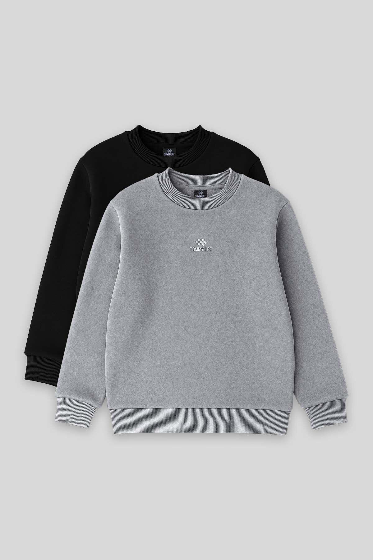 Image of Standart Fit 2'li Paket Siyah-Gri Melanj Erkek Çocuk Sweatshirt - 11232