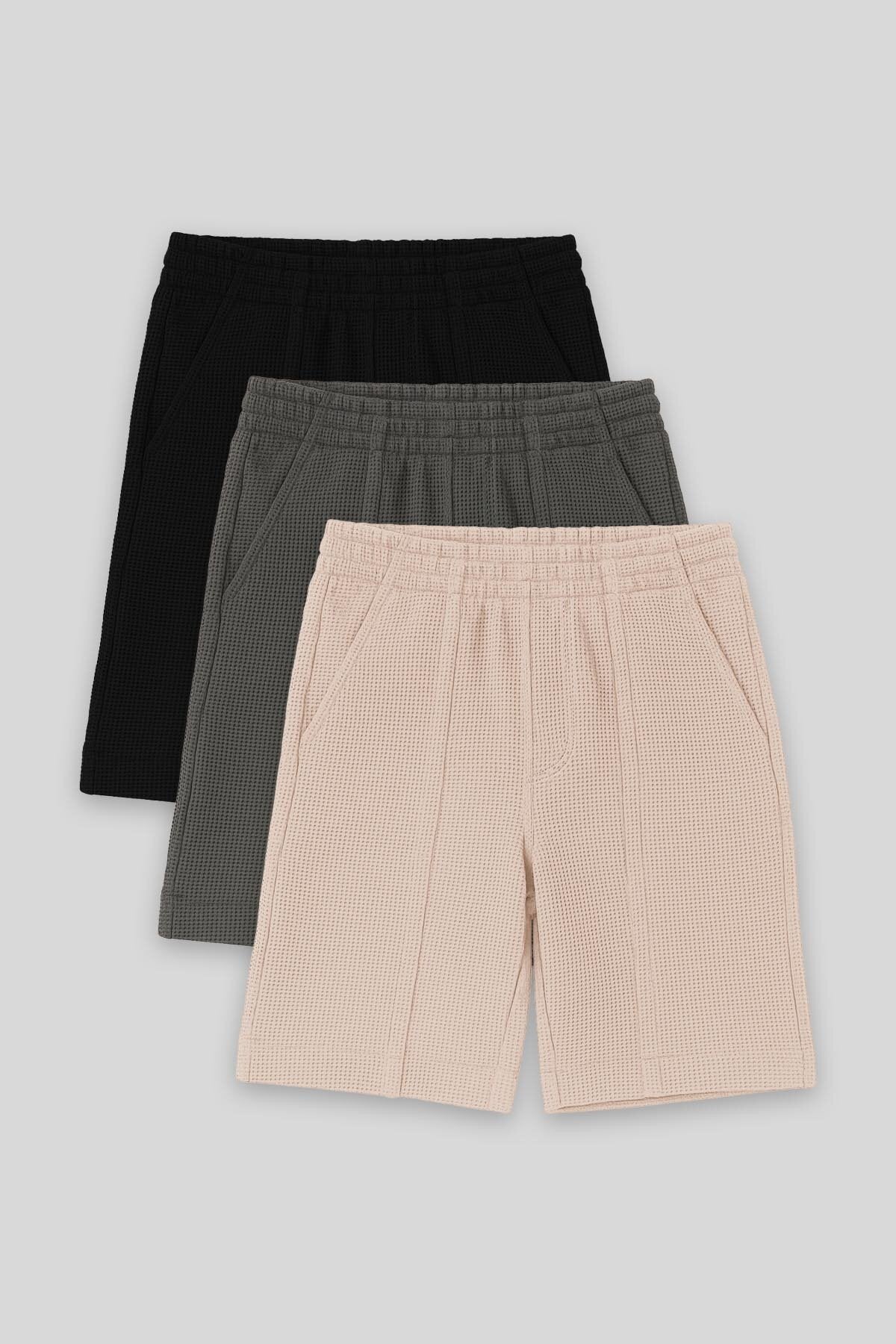 Image of Standart Fit Basic 3'lü Paket Siyah-Haki-Bej Erkek Çocuk Şort - 11289