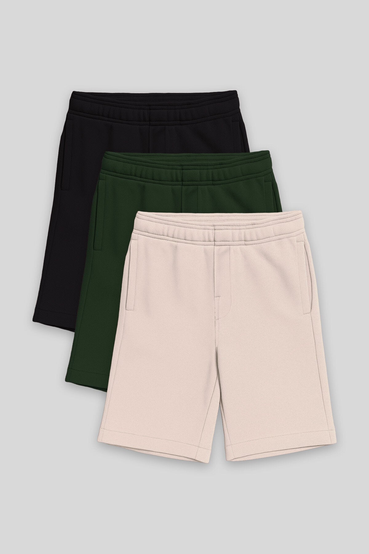 Image of Standart Fit Basic 3'lü Paket Siyah-Çam Yeşili-Bej Erkek Çocuk Şort - 11293