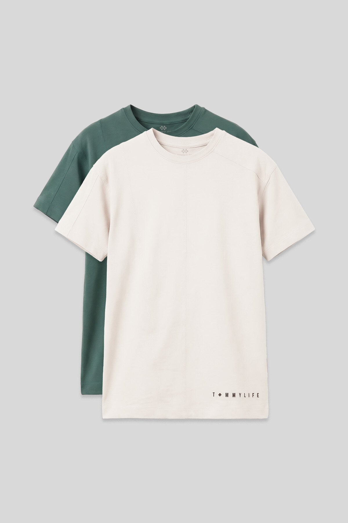 Image of Basic Oversize O Yaka 2'li Paket Ekru-Açık Yeşil Erkek Çocuk T-Shirt - 11297