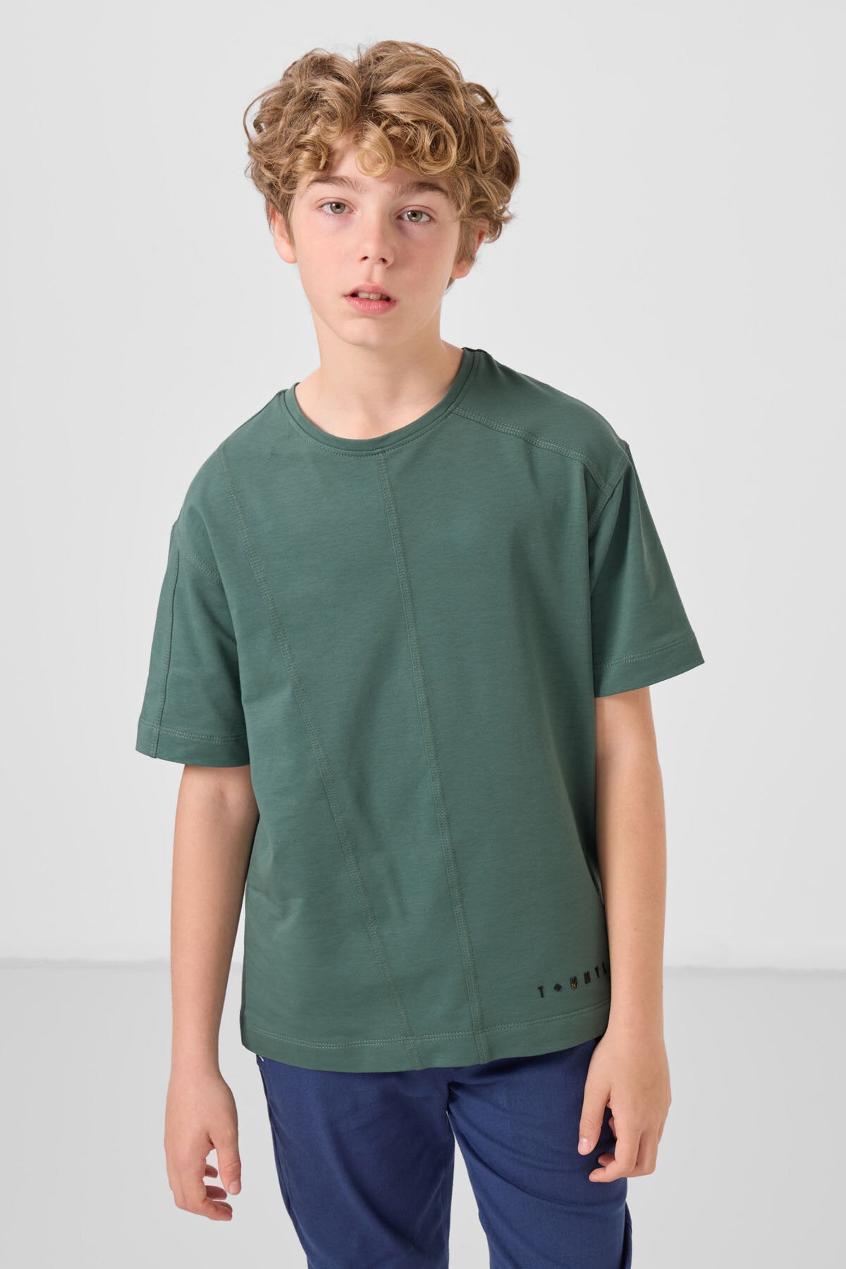 Image of Basic Oversize O Yaka 2'li Paket Ekru-Açık Yeşil Erkek Çocuk T-Shirt - 11297